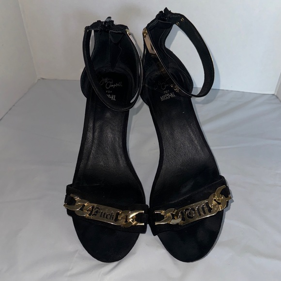 Jeffrey Campbell Malice Shoe "F-u-c-k Off" Black Suede Gold Chain Heel Size 8.5 - Picture 2 of 14